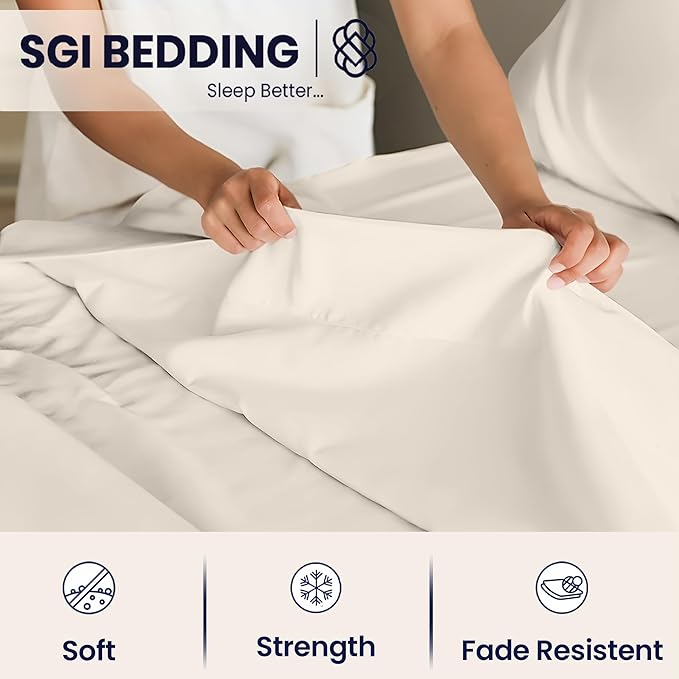 SGI Split King Sheet Set for Adjustable Bed Egyptian Premium Cotton 600 Thread Count Sheets for Sleep Number Bed 15" Deep Pocket 5 Pc Set with 2 Twin XL Fitted Sheets Soft Breathable -Ivory