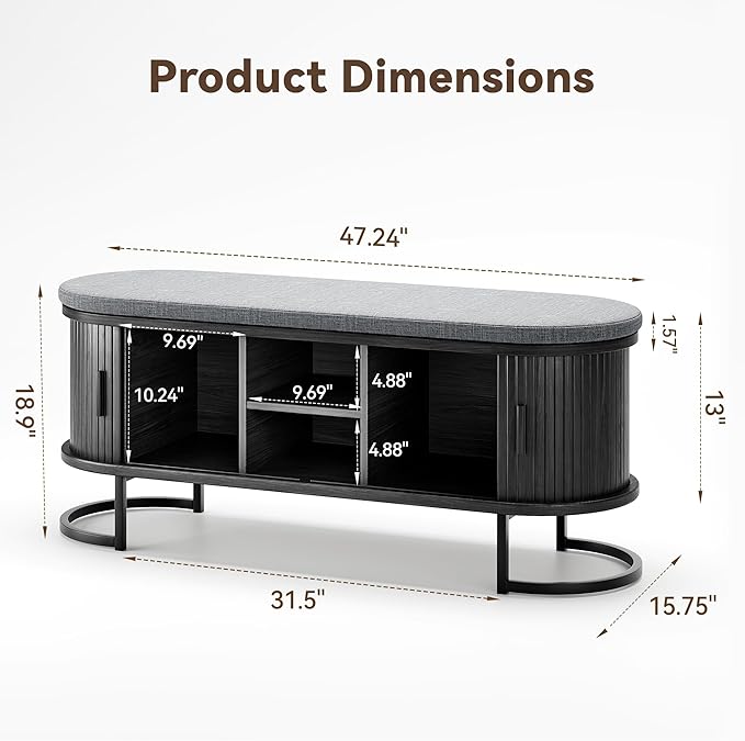 Decofy Storage Bench with Cushion and Sliding Doors, 47.2 Inch Large Entryway Shoe Bench with Sturdy Metal Feet, Multi-Functional for Entrance Hall, Bedroom, Living Room (Black Walnut)
