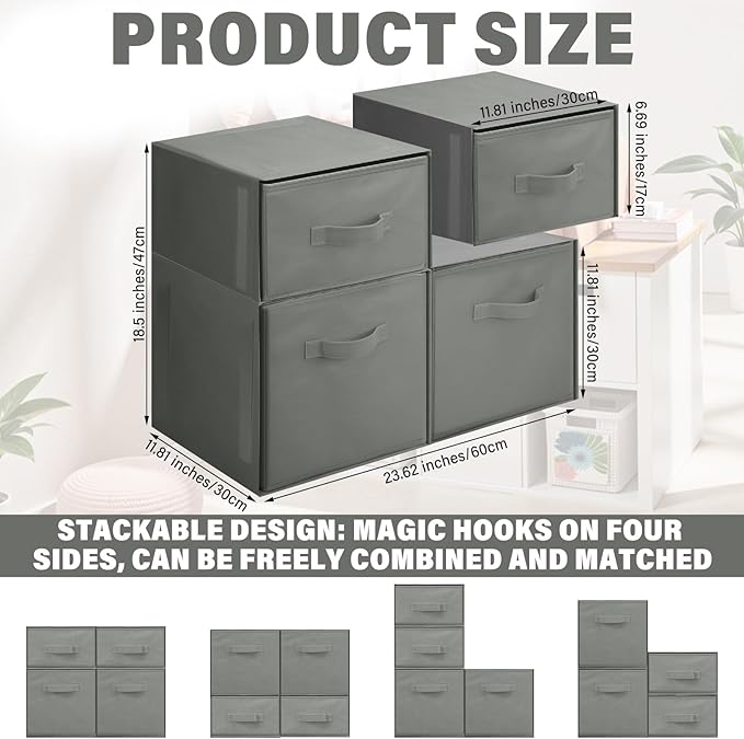 Weysat 4 Cube Stackable Under Dorm Bed Storage Container Foldable Closet Drawer Organizer Fabric Storage Cube Bins for Dorm Essentials College Closet Bedroom Living Room Nursery (Gray,18.5 Inch)