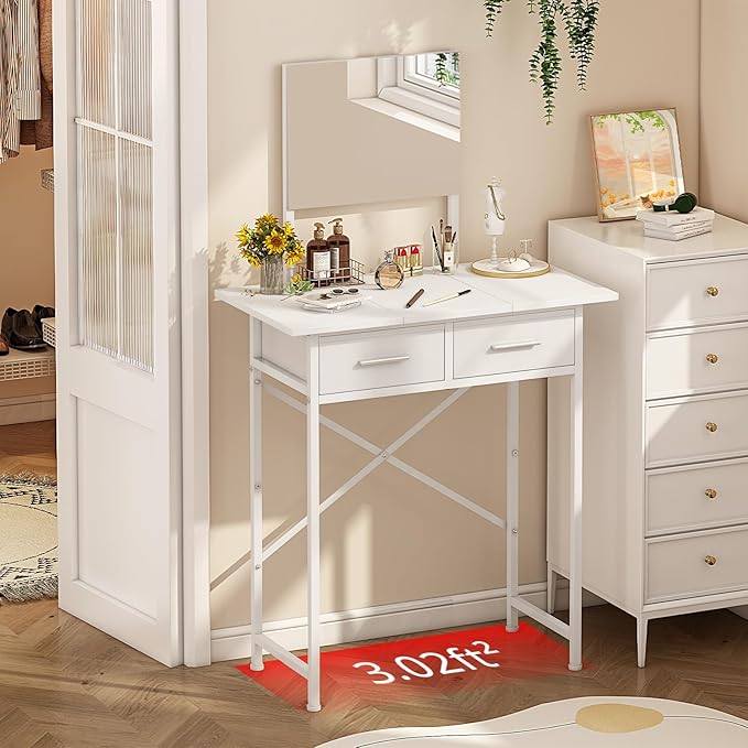 Jakyitvi Small Vanity Desk with Mirror and Drawers, White Makeup Vanity Table with Storage, Compact Vanity for Bedroom, Modern Makeup Desk for Girls, Space-Saving Vanity Table
