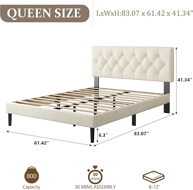 CXVX Queen Size Platform Bed Frame with Upholstered Headboard, Button Tufted Design, Strong Wooden Slats, No Box Spring Needed, Easy Assembly, Noise Free
