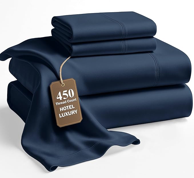LANE LINEN Cal King Size Sheets Set - 450 Thread Count Premium Sateen Weave for Smooth Feel on Skin - Thick & Comfy Sheets for Summer - Securely Fits Mattresses Upto 15'' Deep - Estate Blue