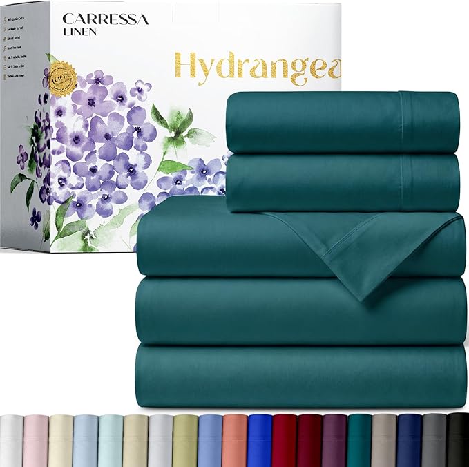 Carressa Linen 100% Egyptian Cotton Split King Sheets Sets for Adjustable Bed - 600 Series Hydrangeas Collection 5 PC Teal Top Split King Sheets, 16" Deep Pocket Sheet for Adjustable Bed