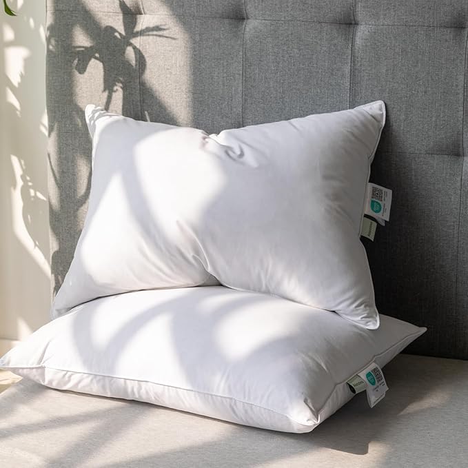 Alanzimo Goose Feathers Down Pillows Standard Queen Size Set of 2, Hotel Collection Fluffy Bed Pillows for Sleeping, 100% Cotton Cover Soft Pillow 20x30 2 Pack