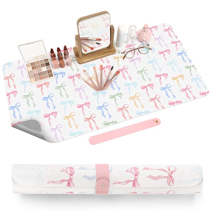 Teenyyou Coquette Bow Makeup Mat for Vanity Top Protector Graduation Gift Dual Side Leather Desk Mouse Pad Girly Waterproof Nonstick Dressing Accessories for Women Home Office(Colorful,15.7"x31.5")