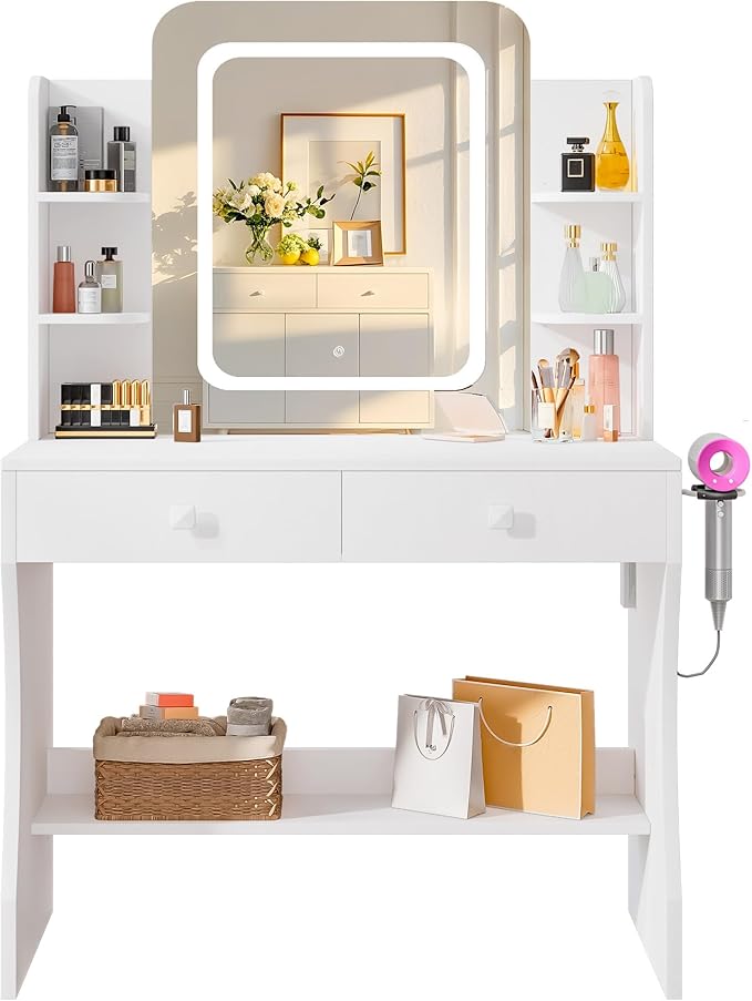 LIVELYGLOW Small Makeup Vanity Desk with Smart LED Mirror & Power Outlet, 29.5" White Vanity Table with Hairdryer Rack, 5 Storage Shelves & 2 Drawers, Compact Dressing Table for Small Spaces