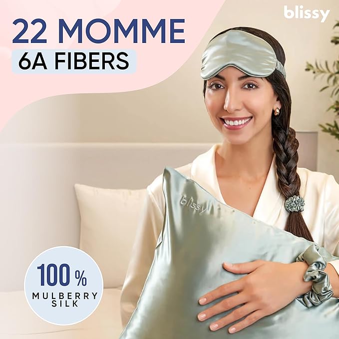 Blissy Silk Pillowcase - 100% Pure Mulberry Silk - 22 Momme 6A High-Grade Fibers - Silk Pillow Cover for Hair & Skin - Regular, Queen & King (Matcha, King)
