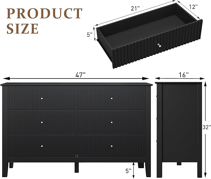 FansaFurn Black Dresser Fluted 6 Drawer Dresser Wide Modern Chest of Drawers Large Closet Dressers Wood Storage Dressers Organizer Storage Cabinet for Bedroom Living Room Hallway Entryway