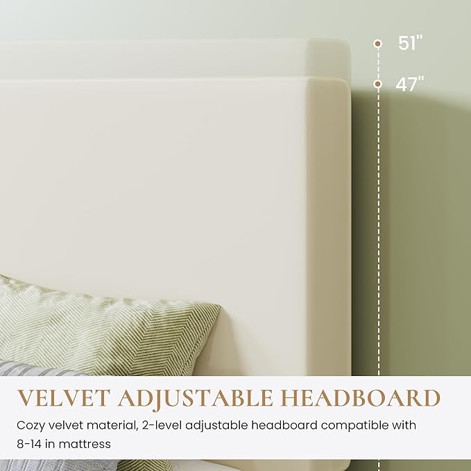 SHA CERLIN King Size Platform Bed Frame with Adjustable Headboard and Wooden Slats Support, Velvet Upholstered Mattress Foundation, No Box Spring Needed, Easy Assembly, Soft Cream