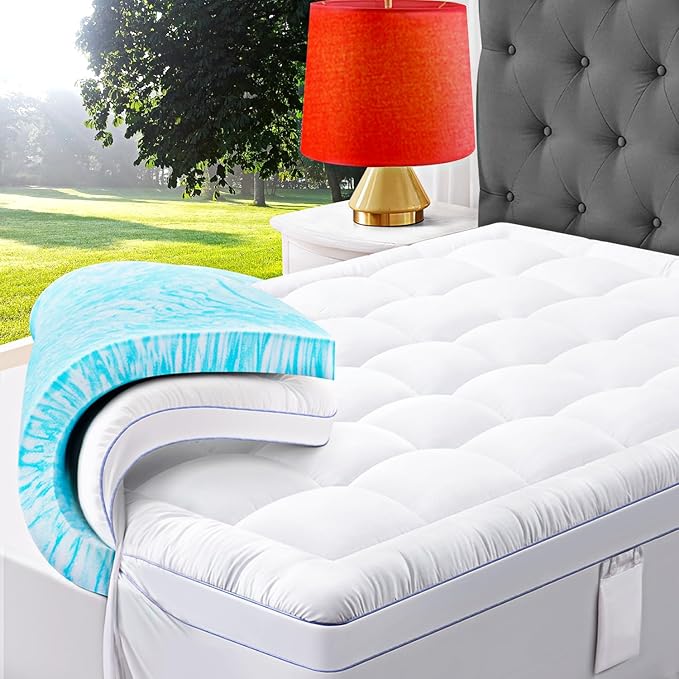 ABENE Queen Size Dual Layer 3 Inch Memory Foam Mattress Topper, 2 Inch Gel Memory Foam Plus 1 Inch Down Alternative Pillowtop Mattress Pad Cover, Thick Soft Bed Topper Support for Back Pain