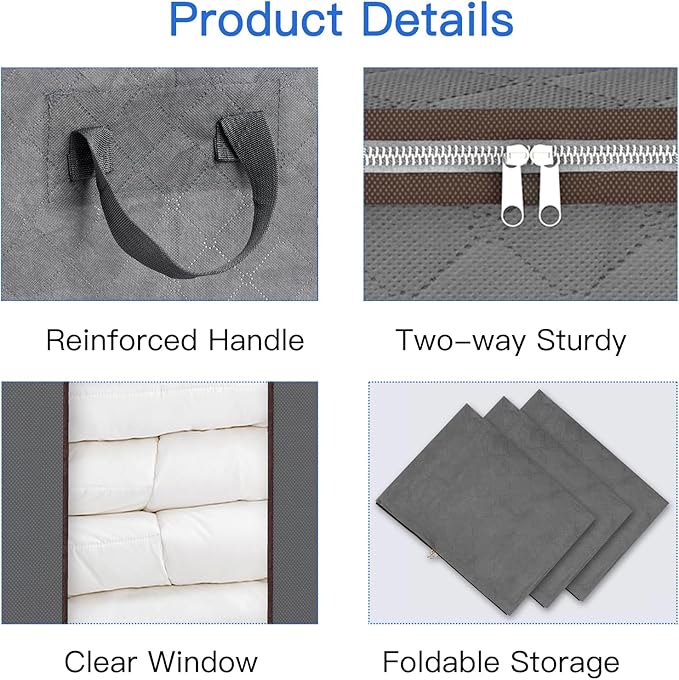 Fixwal Extra Large Blanket Storage Bags 120L 2 Pack Comforter Storage Bags with Reinforced Handles Breathable Clothes Storage Containers for King Comforter Bedding Pillow Sheet Grey