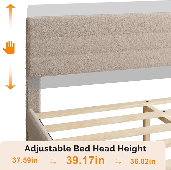 VINGLI Queen Bed Frame with Headboard, Upholstered Boucle Bed Frame,Cozy Low Profile Platform Bed with Wooden Slats and Fabric Adjustable Headboard, Mattress Foundation, Cream, Noise Free,Beige