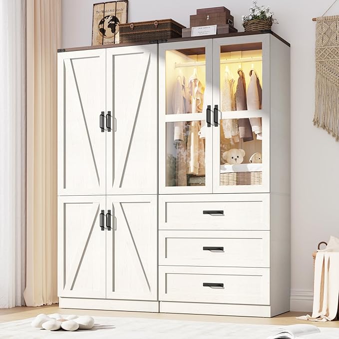 75" Tall Farmhouse 4 Doors Armoire Wardrobe Closet with 3 Drawers and LED,Freestanding Closet Wardrobe Cabinet for Bedroom with Hanging Rod,Wooden Armoire Storage Cabinet Adjustable(Rustic Off White)
