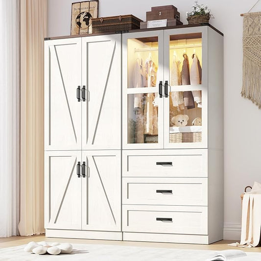 75" Tall Farmhouse 4 Doors Armoire Wardrobe Closet with 3 Drawers and LED,Freestanding Closet Wardrobe Cabinet for Bedroom with Hanging Rod,Wooden Armoire Storage Cabinet Adjustable(Rustic Off White)