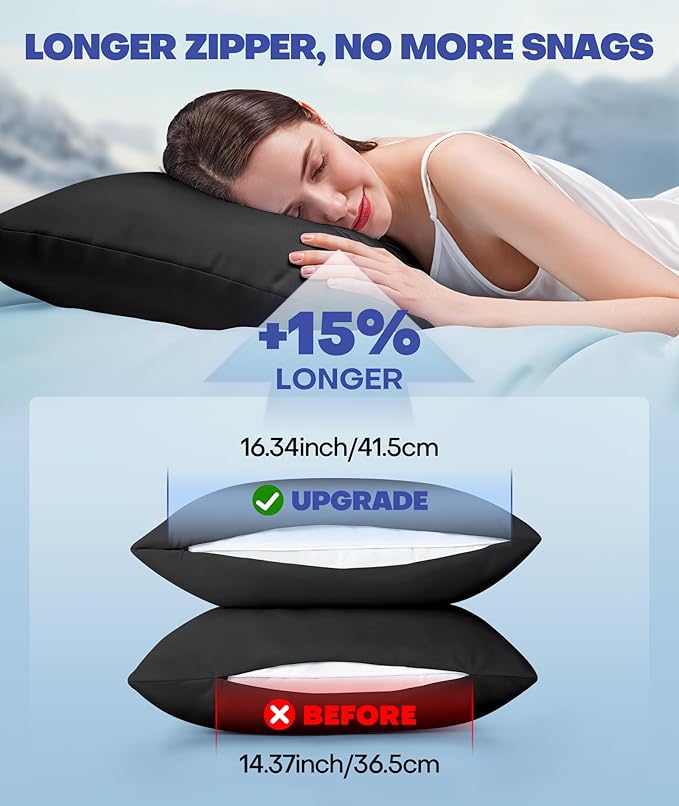 Ice Cooling Pillowcase for Hot Sleepers, Instantly Cool, Stays Cold All Night, Softer Than Silk Pillow Cases, Pillow Covers with Invisible Zipper, Gift for Men & Women - Queen Size, Black (1 Pack)