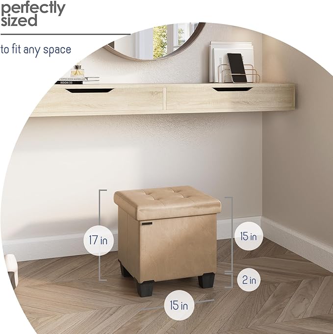 Storage Ottoman Cube with Small Bin, 15-in Square Ottoman with Storage for Living Room and Bedroom, Small Ottomans Foot Rest, Leather Foot Stools Ottomans Max 330lbs, Taupe