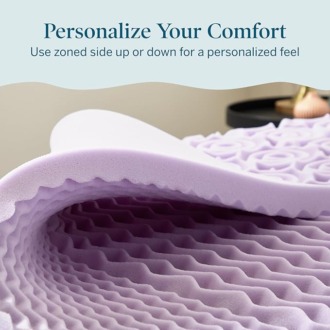 LUCID Lavender Infused 2 Inch Memory Foam Mattress Topper with 5 Zones – Twin Size – Plush Feel – CertiPUR Certified – Dorm Room Essentials