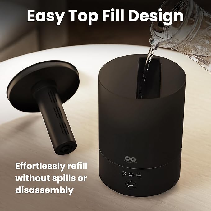 Everlasting Comfort 2.5L Top Fill Humidifier for Bedroom – Quiet, Easy to Fill & Clean, 24HR Runtime, Night Lights, Timer, Ultrasonic Cool Mist, Auto Shut-Off for Indoor Use - Black