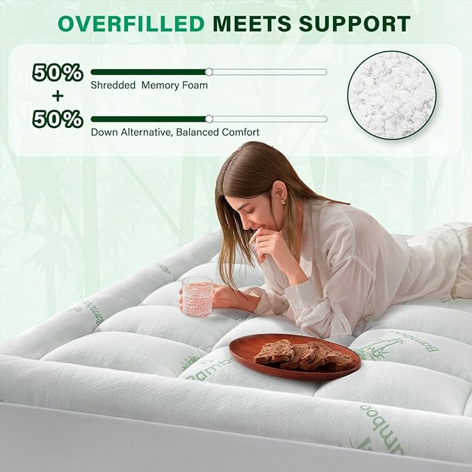 Anluoer Memory Foam Mattress Topper Full for Back Pain, Rayon Derived from Bamboo Pillow Top Mattress Topper for Hot Sleepers,Cooling Mattress Pad with 8-21" Deep Pocket, 54x75 Inches, White