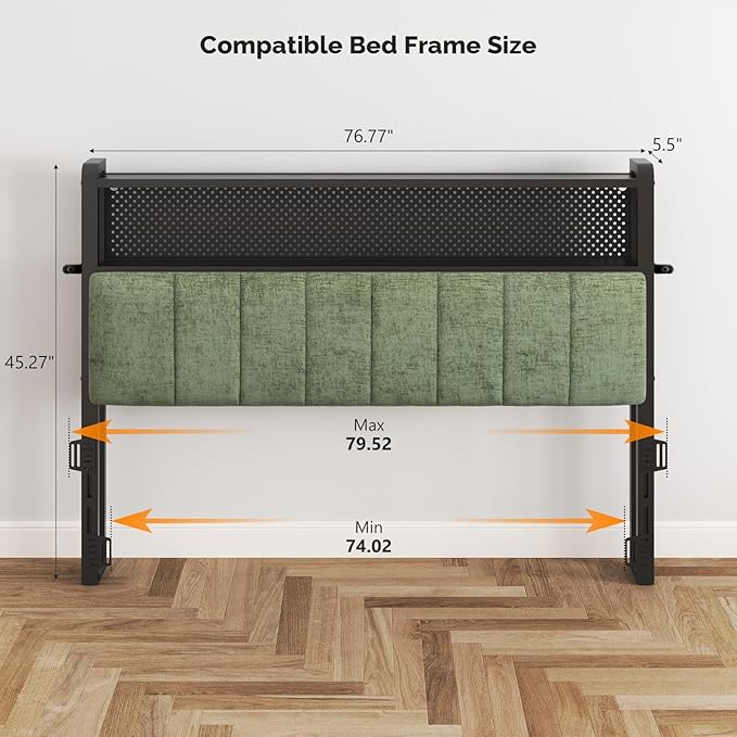 VINGLI Sage Green King Size Headboard for Bed with Storage, Upholstered Head Board with Charger and LED Light, 2 Tier Shelves and Pegboard,Height Adjustable