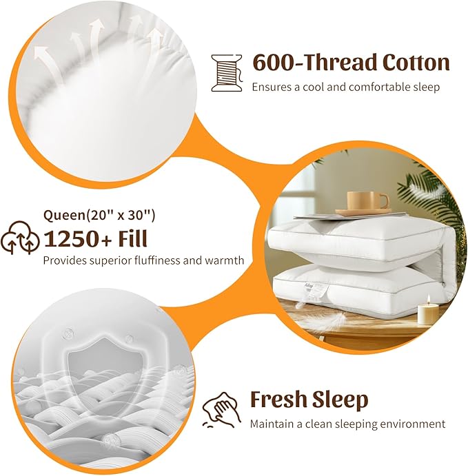 Goose Down Pillow Queen Size Set of 2, 1250+ Fill Power, 600 Thread Count Cotton Shell, for Side, Back(White,Queen(Pack of 1))