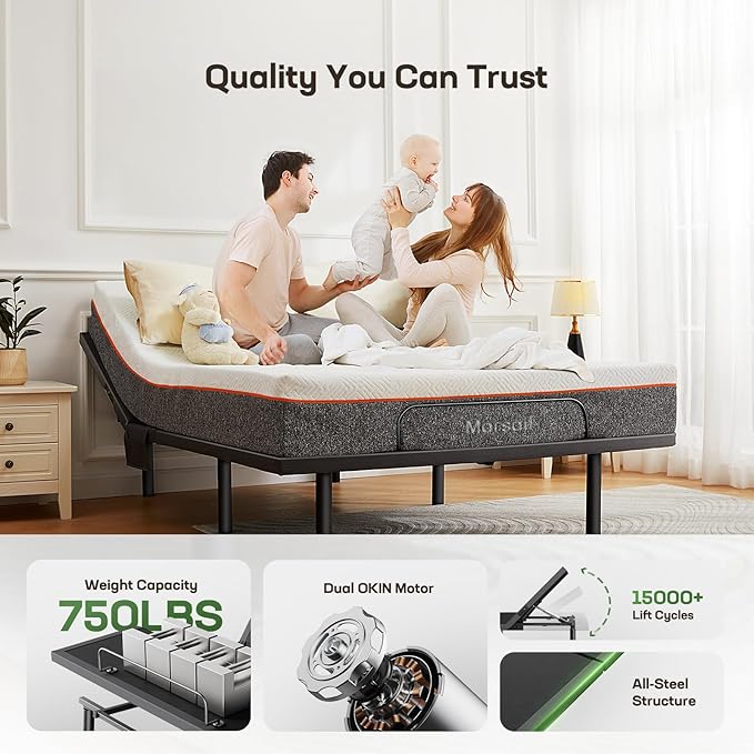 Marsail Queen Adjustable Bed Base Frame, 4 Ports USB A&C Adjustable Bed Base with Under-Bed Nightlight, 3 Minutes Fast Assembly, Wireless Remote Control Adjustable Bed with 4 Height Options