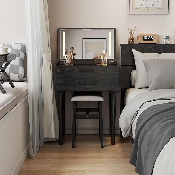 Muwuele Solid Wood Small Vanity Desk with Mirror and Lights, Narrow Makeup Vanity for Small Space, Flip Top Vanity Side Table, 3 Color Modes & Adjustable Brightness, 23.6" Slim Dressing Table, Black