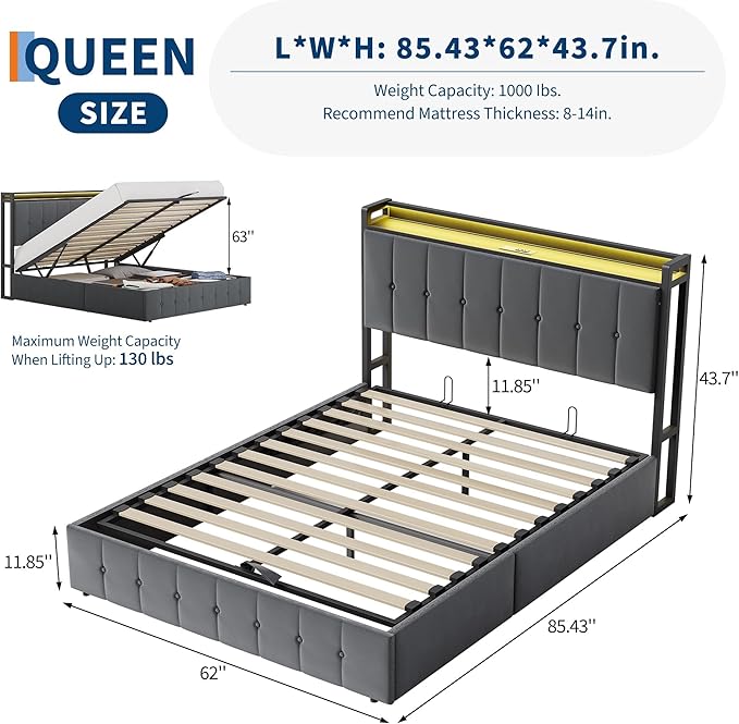Garvee Queen Size Lift Up Storage Bed with LED Lights, Upholstered Velvet Bed Frame with Storage Headboard & Charging Station, Metal Platform Bed, No Box Spring Needed, Solid Wooden Slats, Grey