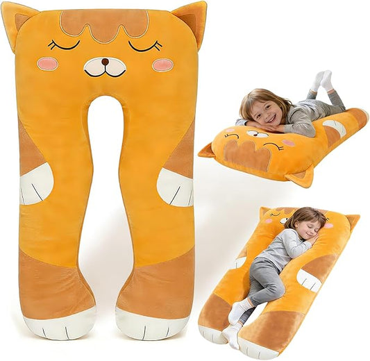 47x23 inch U Shaped Long Plush Body Pillows for Kids, Stuffed Animal Cat Soft Large Pillow for Sleeping, Big Cute Plushies, Washable Cover, Gift for Boys and Girls