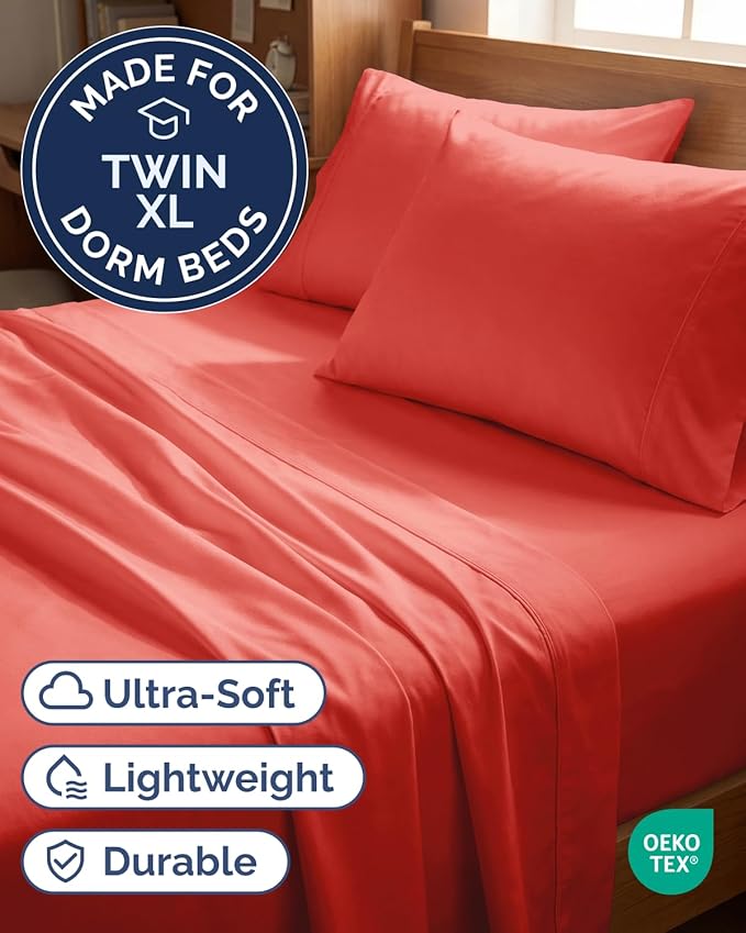 Twin XL 4 Piece Sheet Set - Comfy, Breathable & Cooling - Hotel Luxury Bedding for Women, Men, Kids, Teens and Children - 1 Flat & 1 Fitted Sheet & 2 Pillowcases w/ Deep Pockets - Wrinkle Free - Coral