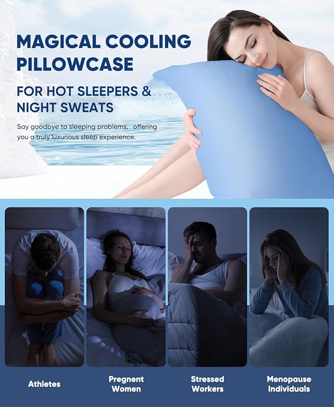 LUXEAR Cooling Pillow Cases, 2 Pack Stretch Arc-Chill Q-max 0.55 Cool Pillowcases Fit Standard & Queen Size Pillows, Protecting Hair & Skin, Gifts for Women & Men, Hot Sleeper, Night Sweat - Blue