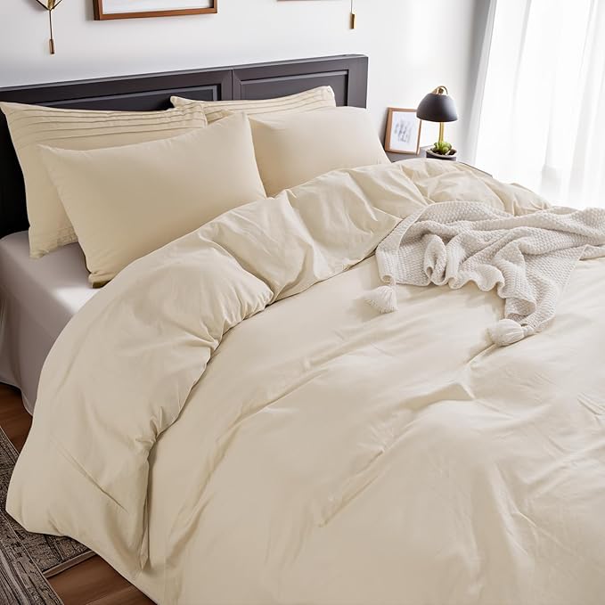 NEXHOME PRO Duvet Cover Set Queen Size Linen Feel Textured Organic Natural 100% Washed Cotton Duvet Cover 3 Pieces Bedding Set with Zipper Closure, Breathable, Soft (No Comforter)