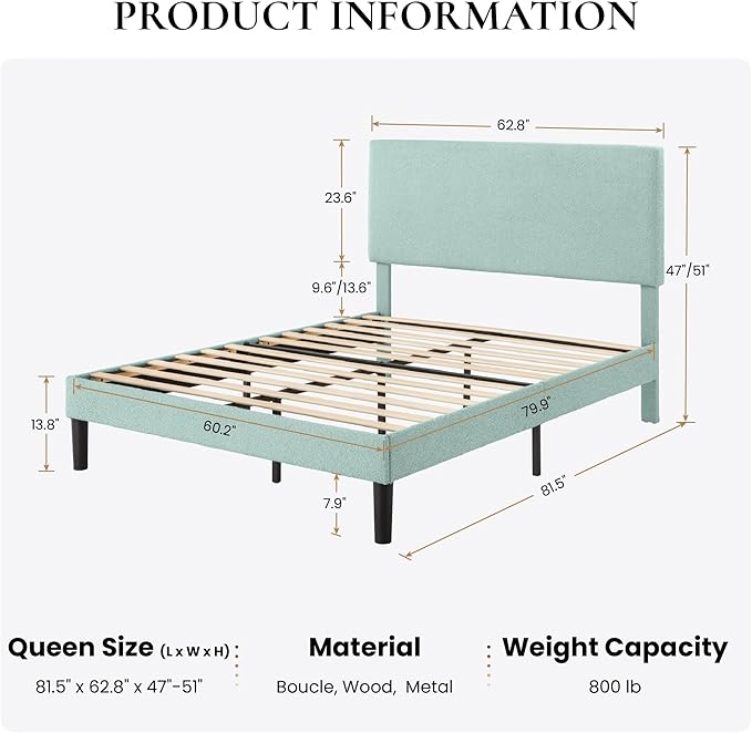 SHA CERLIN Queen Size Platform Bed Frame with Adjustable Headboard and Wooden Slats Support, Boucle Upholstered Mattress Foundation, No Box Spring Needed, Easy Assembly, Ice Blue