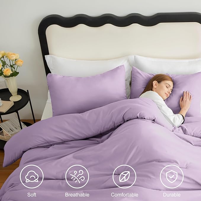 CozyLux Oversized King Comforter Set Lavender, 3 Pieces 120x98 Solid Breathable Bedding Sets All Seasons, Light Purple Luxury Soft Lightweight Bed Set with Down Alternative Comforter and 2 Pillowcases