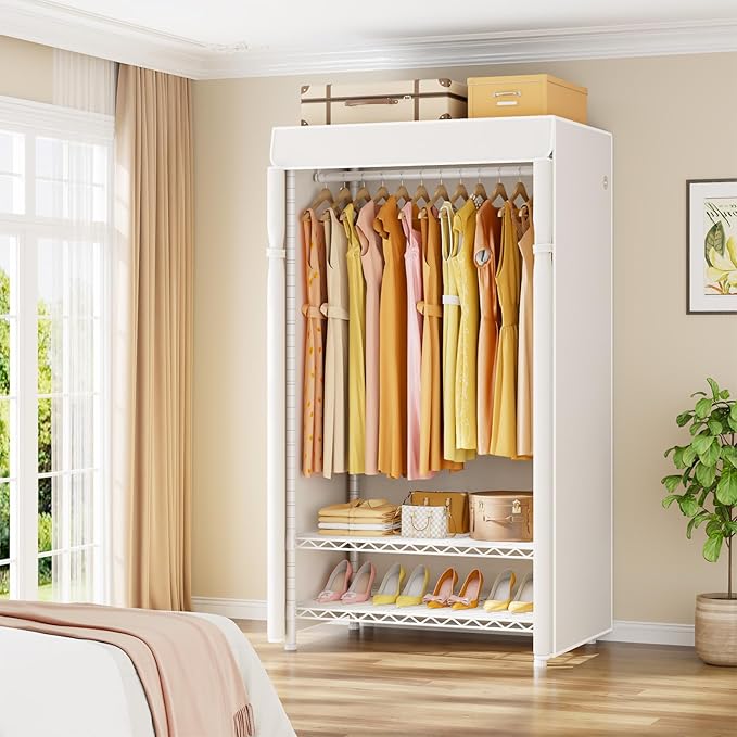ULIFHOME H5C Clothes Rack with Cover, Portable Closet for Hanging Clothes, Covered Clothing Racks Heavy Duty, Garment Racks with Shelves, Max Load 360LBS, White Closet Rack with White Cover