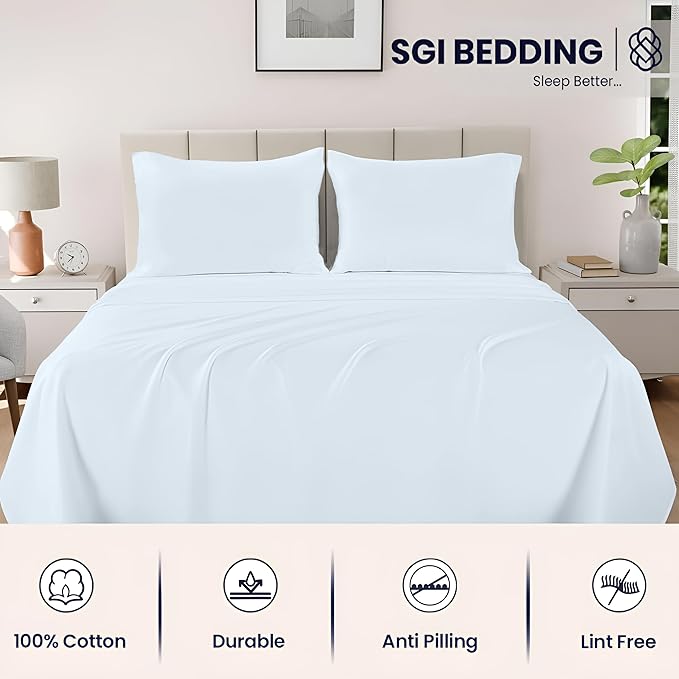 SGI bedding 100% Egyptian Cotton Sheets Twin XL Size – 600 Thread Count Sheets Set, Soft, Cooling, 15" Deep Pocket, Luxury Hotel Bedding, Breathable, Durable - Light Blue