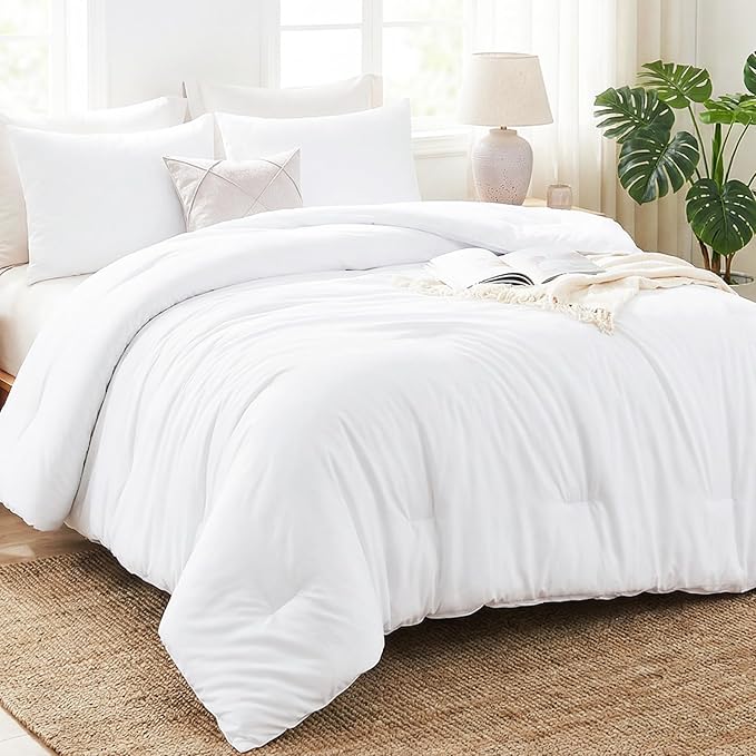 CozyLux Oversized Queen Comforter Set White, 3 Pieces 98x98 Solid Breathable Quilted Bedding Sets for All Season, Luxury Soft Lightweight Bed Set with Down Alternative Comforter and 2 Pillowcases