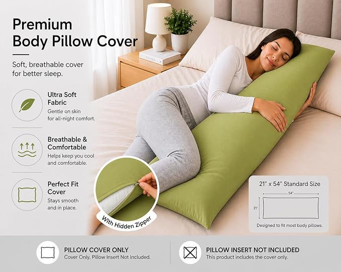 EVOLIVE Body Pillow Cover 21"x54", Ultra Soft Microfiber Pillowcase with Hidden Zipper, Breathable, Machine Washable, for Pregnancy & Side Sleepers, Cover Only (21"x54" Body Pillow Cover, Sage)