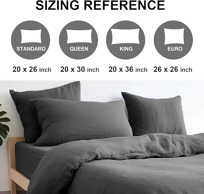 CHUFFED Linen Pillow Case 2 Pack 100% Linen Standard Pillowcases, Breathable and Cooling Washed Pillow Shams with Zipper Closure, 20x26 Inches,Dark Grey