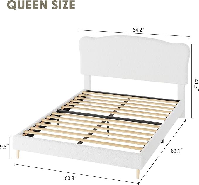 GarveeHome Queen Size Bed Frame with Upholstered Headboard, Soft Low Profile Sturdy Platform Bed with Rounded Corners Design, Heavy Duty, Wooden Slats, Noise Free, No Box Spring Needed, White