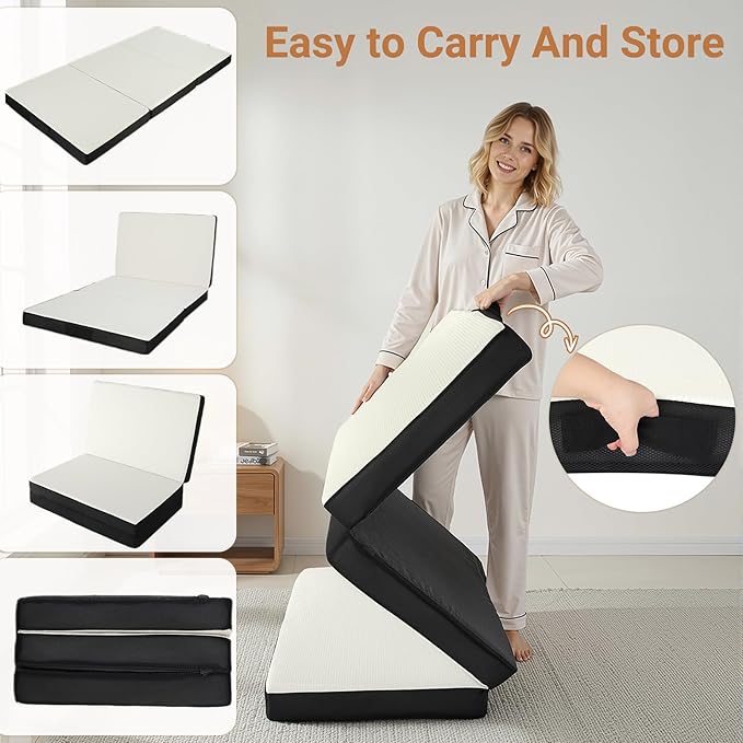 Foldable Mattress Full, Memory Foam Tri Fold Mattress with Removable Washable Cover, 4 inch Folding Mattresses Floor Bed Sleeping Pad for Guest, RV, Travel, Camping, White, 73"x52"x4"