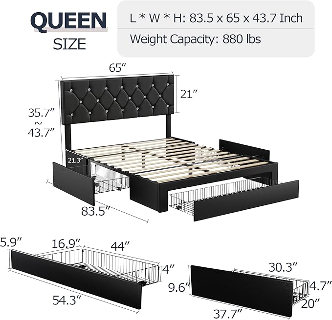 VECELO Queen Size Bed Frame with 3 Storage Drawers, Leather Upholstered with Diamond Tufted Headboard, Solid Wood Slat Support & Steel Framework, PU & Black