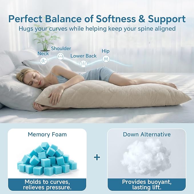BEDELITE Cooling Body Pillow for Adults, Creative Ultra Soft Cool-Touch Quilted Nylon-Spandex Body Pillow Cover, Adjustable Memory Foam Long Pillow for Side Sleepers, Pregnancy & Back Pain(Linen)