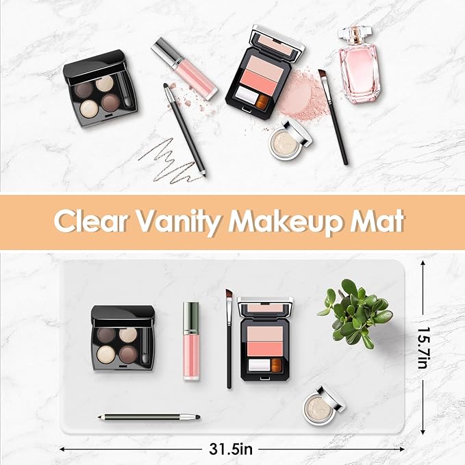 Makeup Mat for Vanity Top 31.5 x 15.7in, PVC Desk Mat - Easy to Clean, Waterproof & Oilproof Vanity Accessories - Clear