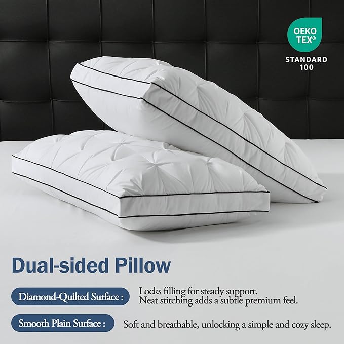 BPC Luxury Goose Feather Down Pillows Queen Size, Gusseted Hotel Bed Pillows for Sleeping, 100% Organic Cotton Cover, Surround Polyester Fill, Soft Fluffy for Sleepers (18"x28" + 2" Gusset, Pack of 2)