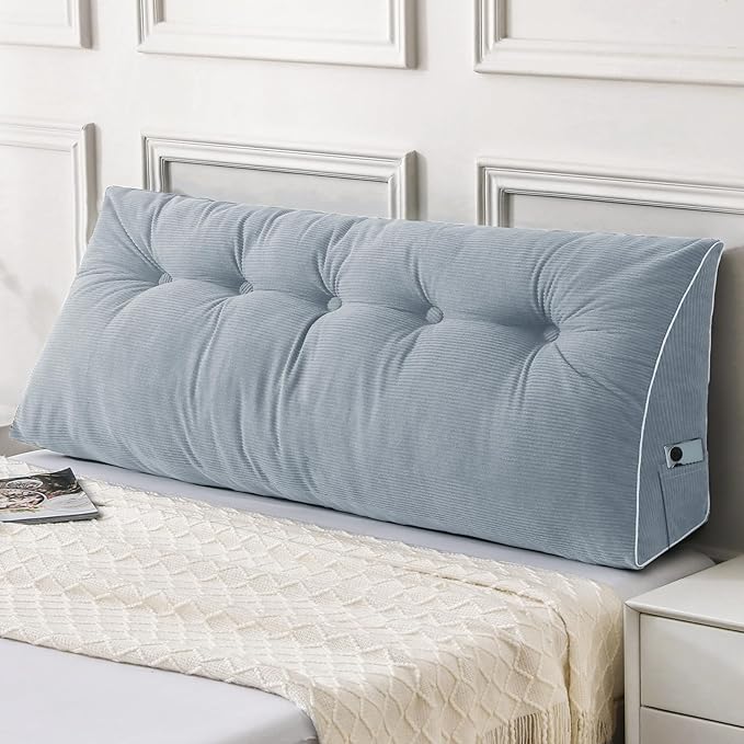 Sasttie Headboard Pillow Full, Wedge Pillow Headboard for Sitting Up in Bed, Back-Rest Support Triangular Cushion for Reading - Features Removable Washable Cover, Greyish Blue