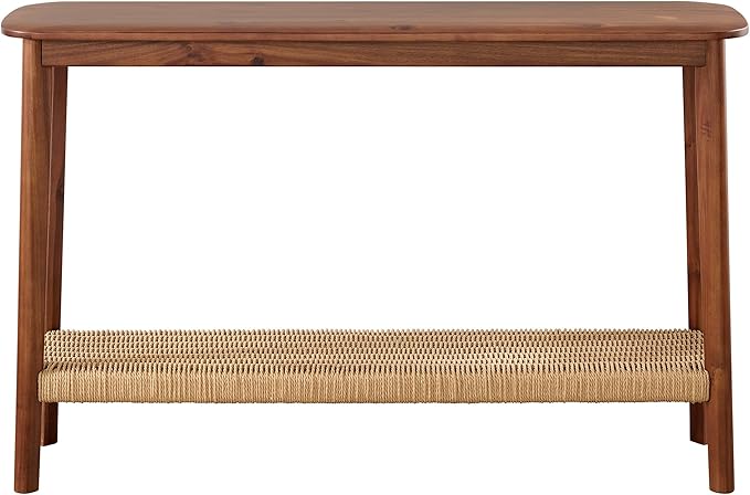 Alaterre Furniture Calais 48 Inch Solid Wood Entryway Table with Woven Storage Shelf – Mid Century Modern 2-Tier Sofa Table for Living Room, Hallway, or Foyer (Chestnut)