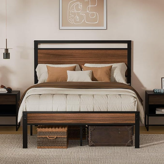 Z-hom Easy Assembly Sturdy Metal Platform Bed, Full Size Bed Frame with Headboard & Footboard, Anti-Slip & Silent Support, No Box Spring Needed with Underbed Storage, Modern Bedroom Furniture, Walnut