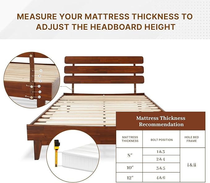 Bme Caden Queen Bed Frame and Adjustable Headboard, 15 Inch Mid Century Retro Style - Solid Acacia Wood - No Box Spring Needed - 12 Strong Wood Slat Support - Easy Assembly - Dark Chocolate