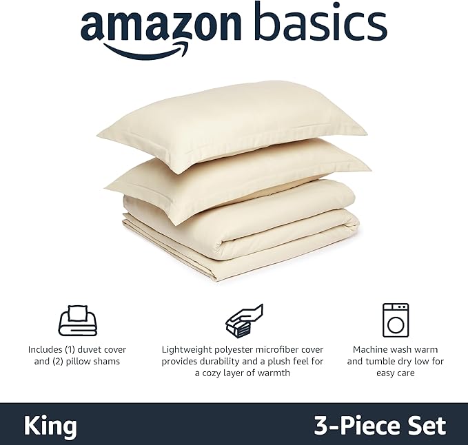 Amazon Basics Lightweight Microfiber 3-Piece Duvet Cover Set with Zipper Closure, King, Beige, Solid